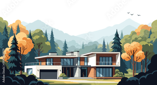 Luxurious modern two-story house with large windows and a balcony situated in a beautiful forest landscape with autumn trees and mountains.