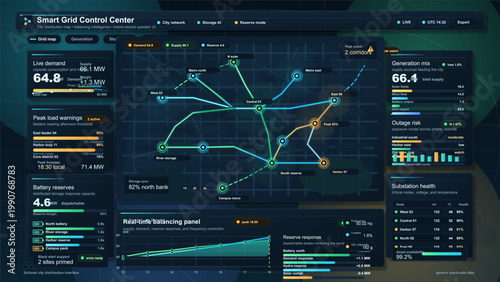Quadro su tela Dark smart grid control center dashboard interface with city distribution map, l