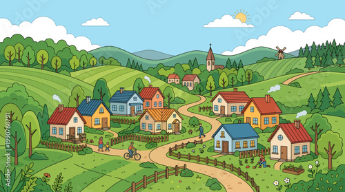 Aerial view of a serene countryside village with houses and trees surrounded by rolling hills and green fields under a sunny sky.