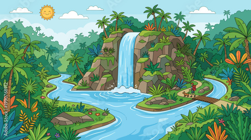 A serene tropical landscape featuring a waterfall cascading into a winding river surrounded by lush vegetation.