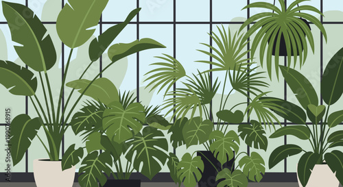 Lush indoor garden featuring a variety of tropical houseplants like monstera and palms inside a bright glass greenhouse.