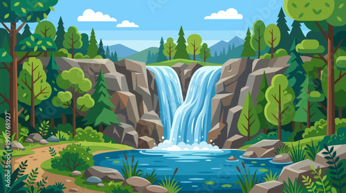 A serene waterfall cascades down rocks surrounded by lush greenery and trees in a natural landscape.