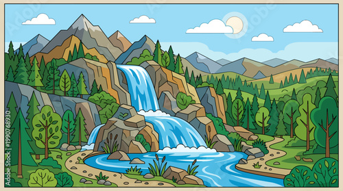 A serene waterfall cascades down a rocky slope surrounded by lush green trees and mountains under a blue sky with fluffy white clouds.