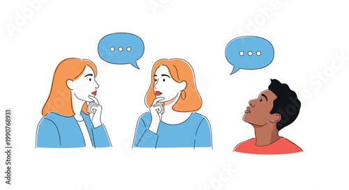 Group of three diverse individuals engaged in a silent conversation or deep thought depicted with speech bubbles containing ellipses.