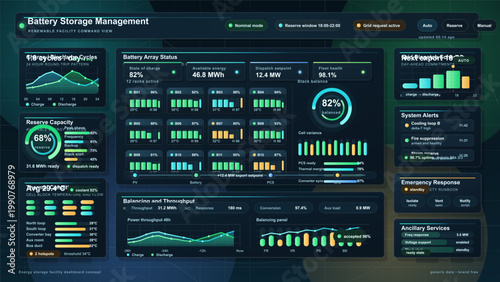 Battery storage management dashboard with charge discharge analytics, battery array status, reserve capacity and grid export schedule overview.