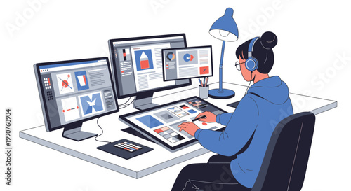 Professional graphic designer using a tablet and multiple monitors to create digital artwork in a modern home office environment.