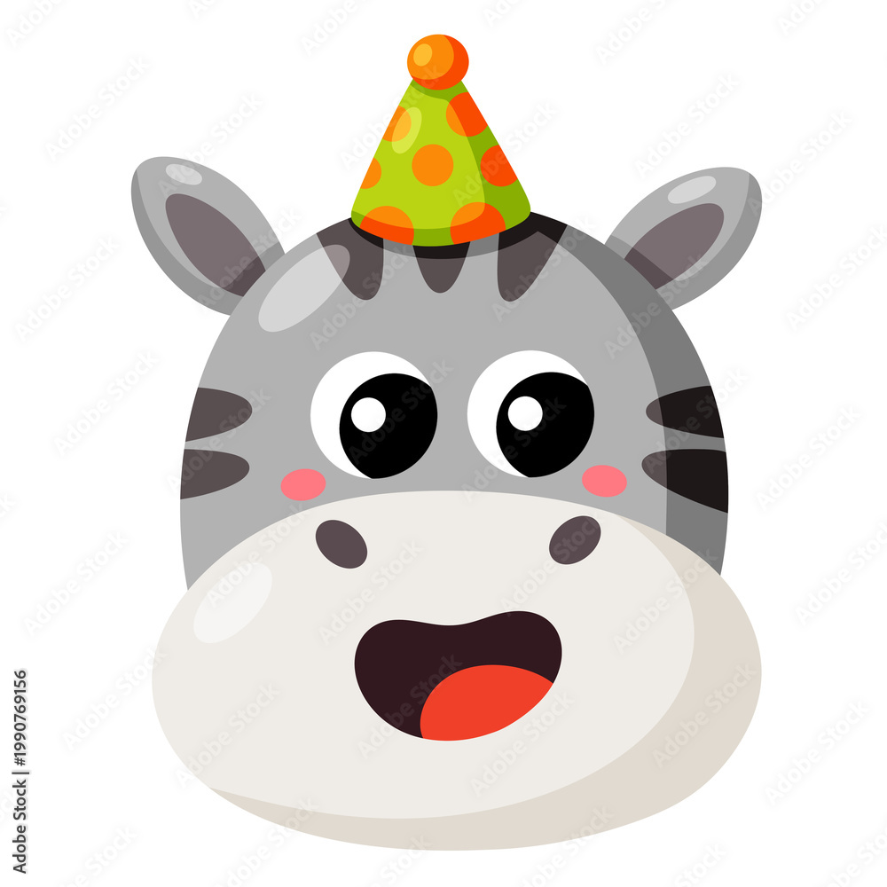 Obraz premium Cute zebra face wearing party hat cartoon illustration
