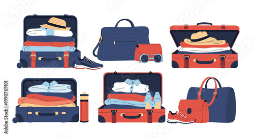 Variety of open suitcases and travel bags neatly packed with clothes, shoes, and accessories for a planned vacation.