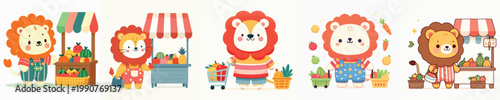 cute lion vector shopping for fruit