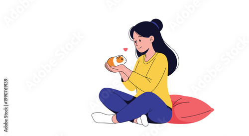 Young girl sitting cross-legged and tenderly holding a small guinea pig in her hands with a heart symbol above.