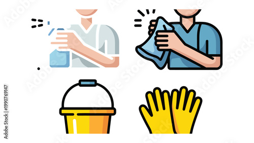 Cleaning Essentials: A vibrant visual guide showcasing essential tools and actions, embodying cleanliness and hygiene with bright colors and modern illustration.