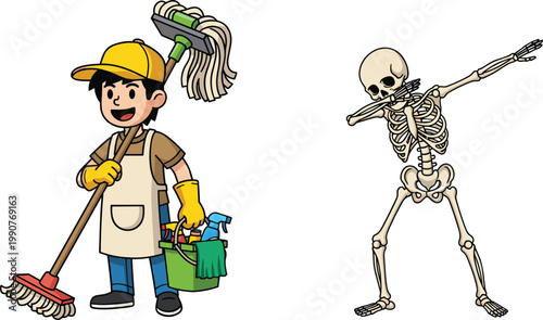 Cartoon Cleaner Worker and Dancing Skeleton Vector Illustration Set with Janitor Holding Mop and Supplies for Hygiene, Halloween, and Character Design