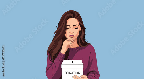 Compassionate young woman with long hair holding a white donation box, looking down in deep thought or reflection.