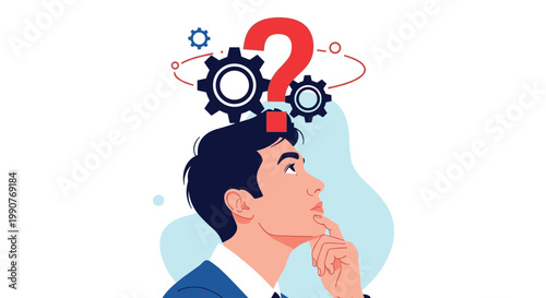 Illustration of a man in deep thought with gears turning in his head and a large red question mark representing problem solving.