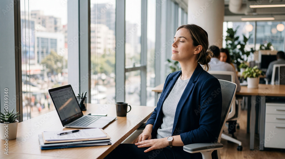 Fototapeta premium Businesswoman taking relaxing break at office desk