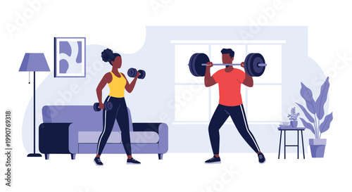 Focused man and woman performing weightlifting exercises with dumbbells and a barbell in their modern home living room.