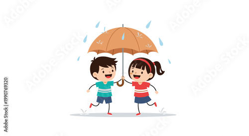 Joyful boy and girl running happily while sharing a large orange umbrella during a light rainfall on a white background.