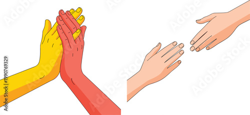 Flat Illustration Set of Hands Gestures Featuring High Five, Helping Hands, Support, Connection, and Human Interaction Concepts Isolated on White Background