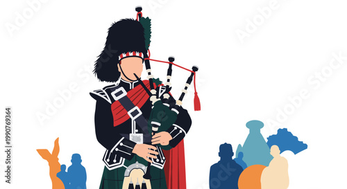 Traditional Scottish bagpiper playing the pipes while dressed in full highland regalia including a kilt and bearskin hat.