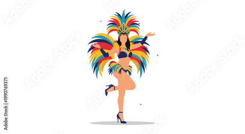 Magnificent samba dancer in a colorful sequined bikini and large rainbow feather wings performing on a white background.