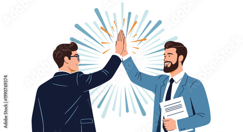 Two professional businessmen in suits giving each other a high five to celebrate a successful deal or partnership achievement.
