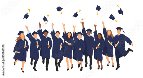 Group of happy graduates in blue robes and caps jumping and throwing their mortarboards in the air to celebrate graduation.