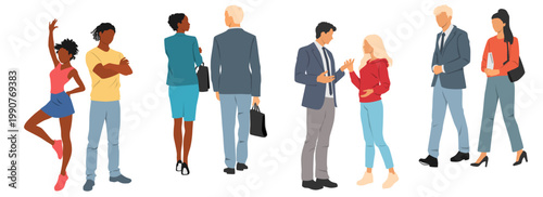 Walking and standing people, men and women, front and back views, profile, different colors and poses, cartoon character, silhouettes, african, caucasian, flat design concept, isolated on white