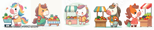 cute horse vector shopping for fruit