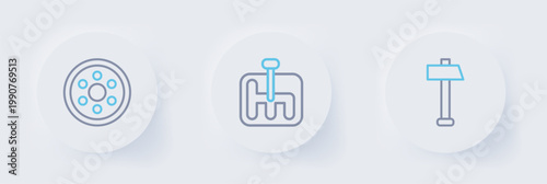 Set line Hammer, Gear shifter and Alloy wheel icon. Vector