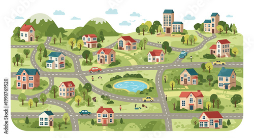 Detailed map illustration of a peaceful suburban town with various houses, winding roads, green trees, a lake, and mountains.