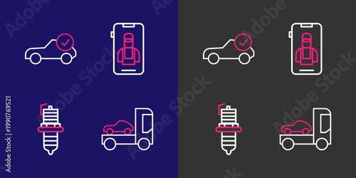 Set line Car transporter truck, spark plug, Online car services and Auto check automotive icon. Vector