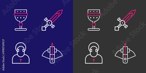 Set line Battle crossbow with arrow, Monk, Medieval sword and goblet icon. Vector