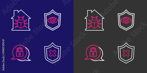 Set line Shield with cross mark, Cyber security, and eye and House system bug icon. Vector