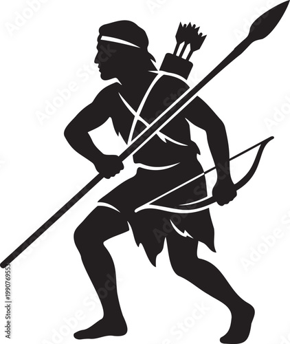 Ancient hunter or warrior silhouette holding spear and bow with arrow quiver on back isolated black vector illustration of primitive man or indigenous tribal fighter for history concept design