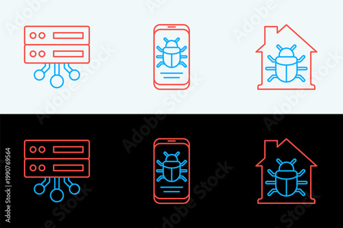 Set line House system bug, Server, Data, Web Hosting and System on mobile icon. Vector