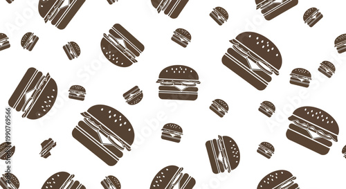 Seamless pattern with brown burger icons of different sizes and rotations on a plain background