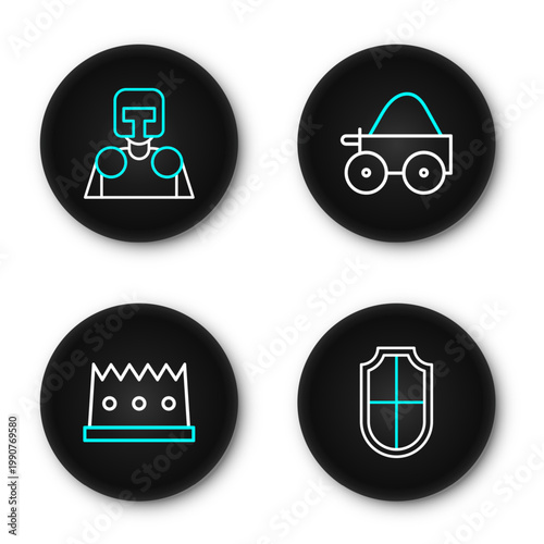 Set line Shield, King crown, Wooden four-wheel cart and Medieval knight icon. Vector