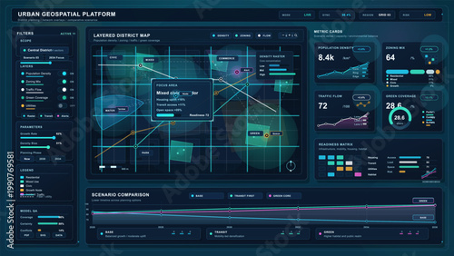 Dark urban geospatial platform dashboard interface with layered district map, zoning, traffic flow, density metrics and scenario comparison