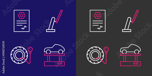 Set line Repair car on a lift, Tire pressure gauge, Windscreen wiper and Auto service check automotive icon. Vector