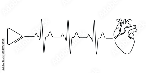 Quadro su tela A continuous line drawing combines a play button heartbeat and anatomical heart