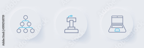 Set line Laptop, Stage stand or tribune and Hierarchy organogram chart icon. Vector