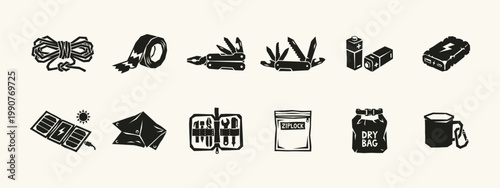 Survival and Camping Gear Icon Set