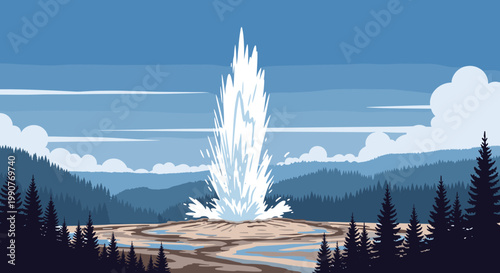 Large geyser erupting high into the blue sky surrounded by a scenic mountain landscape and a dense evergreen pine forest.