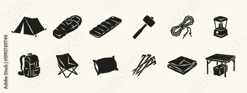 Camping and Outdoor Adventure Equipment Icon Set