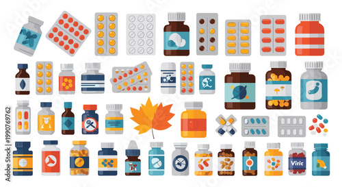 Large set of various medical pill bottles, blister packs, and individual tablets along with a single orange autumn maple leaf.