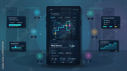 Indoor navigation mobile app interface with accessibility route map, beacon telemetry, live wayfinding panels and destination ETA overview.