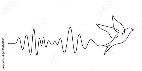 A continuous line drawing depicts a bird taking flight from a heartbeat rhythm