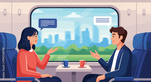 Friendly man and woman having a conversation with speech bubbles while sitting across from each other in a modern train car.