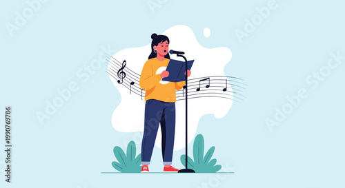 Talented young girl singing passionately into a microphone on a stage with musical notes and abstract shapes in the background.