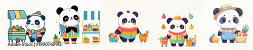 cute panda vector shopping for fruit
